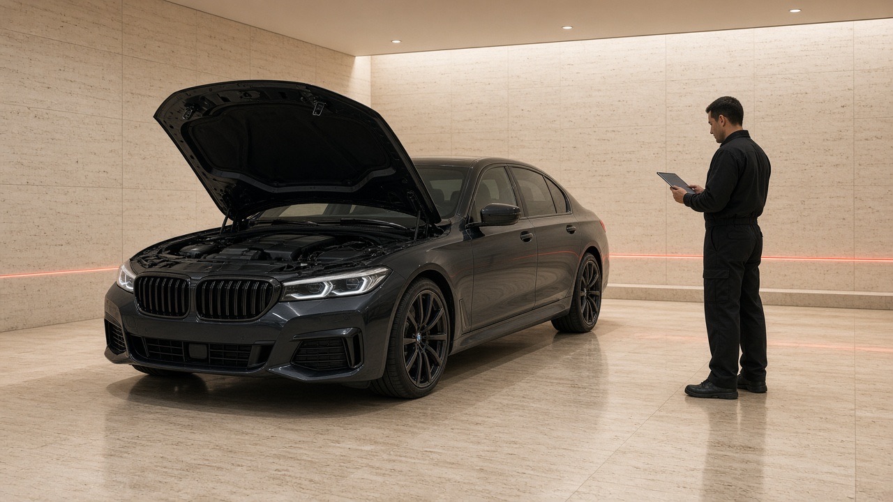 Checking a car at Bavarian Motorworks in Hamburg