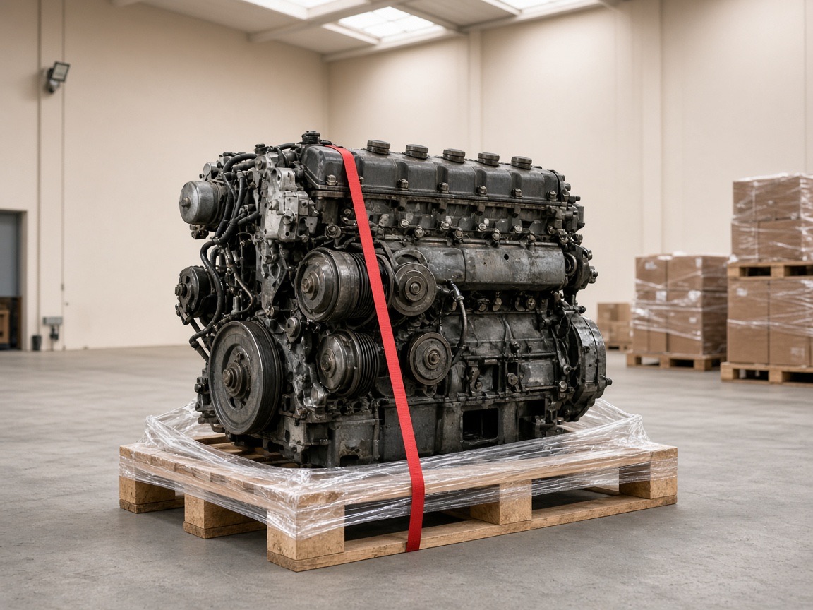 Engine strapped to a pallet, ready to ship